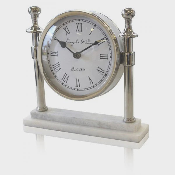 Round Column Clock White Marble Base - Silver